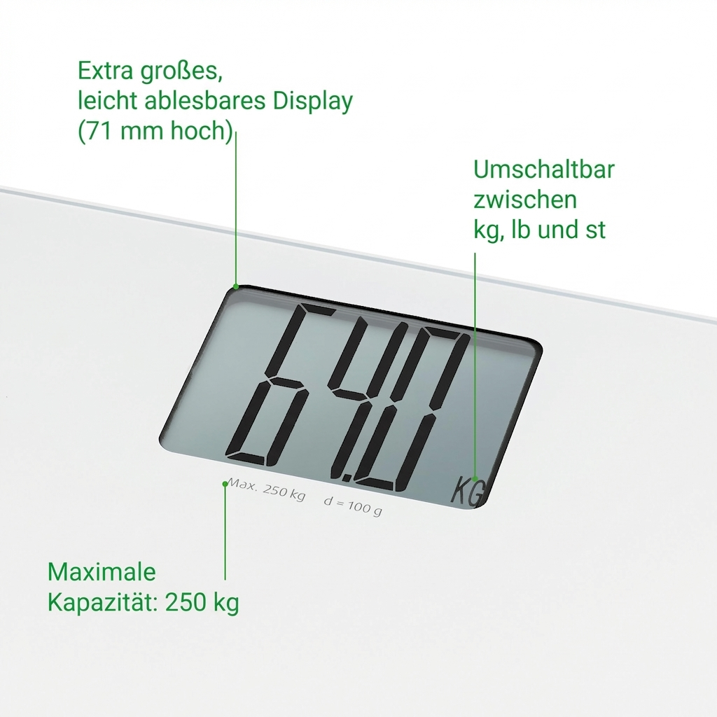Una báscula con pantalla grande muestra 64,0 kg. Capacidad máxima 250 kg.