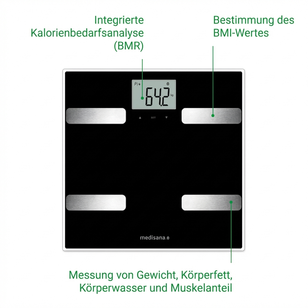 Bilancia digitale nera che mostra 64.2kg. Include sensori e funzioni BMR/BMI.