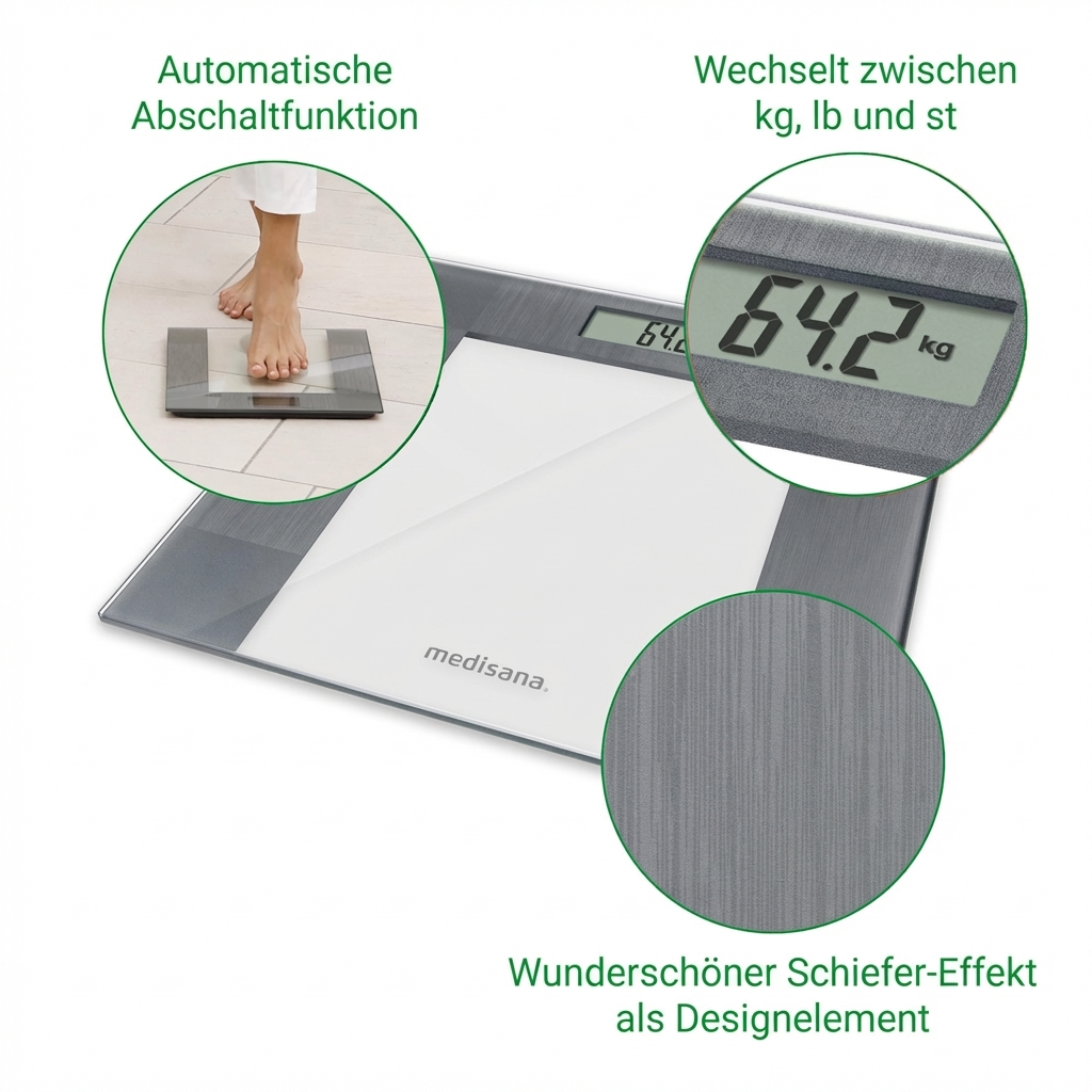 Una bilancia personale digitale con superficie in vetro e display LCD. Mostra 64,2 kg.