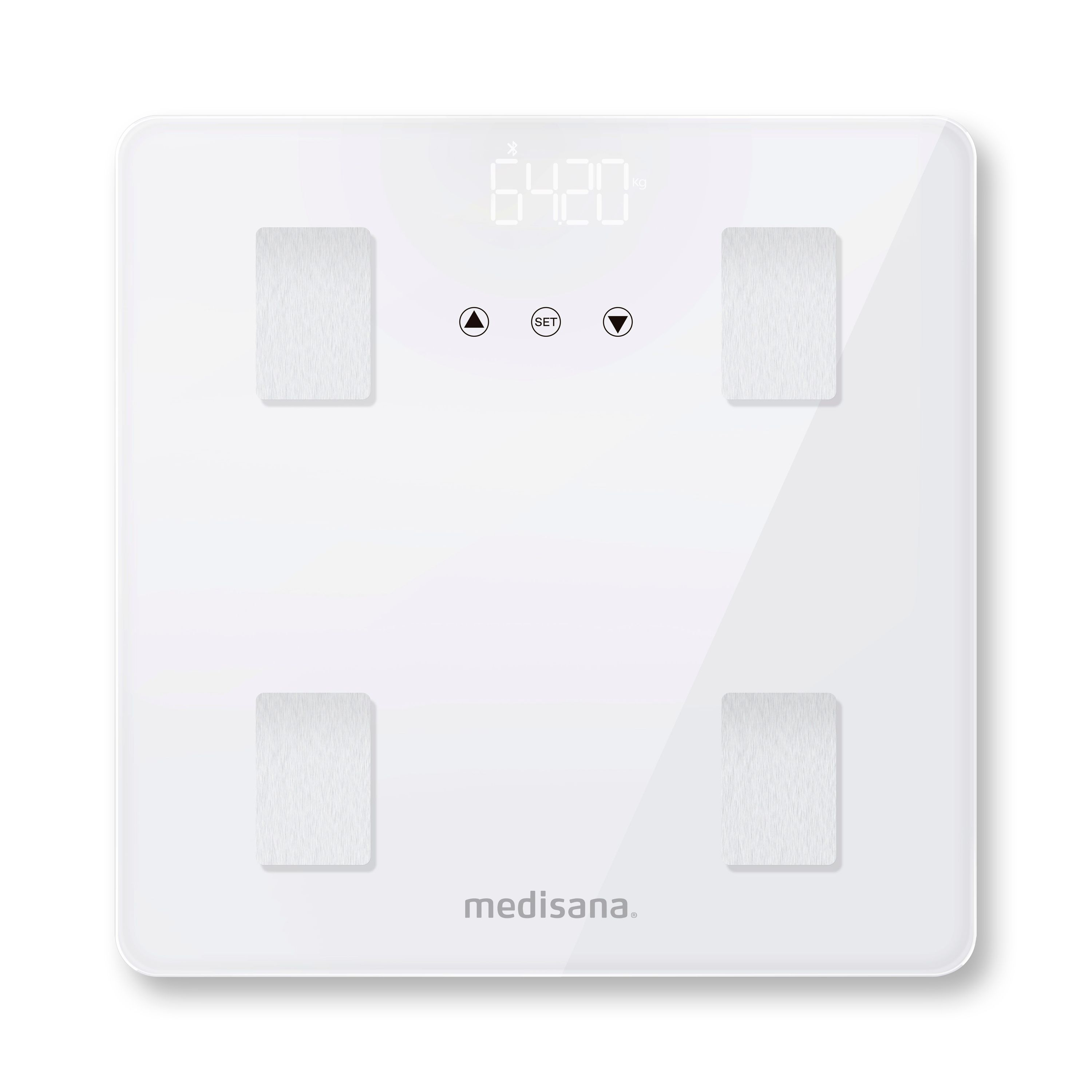 Bilancia personale bianca con display 64,20 kg e logo Medisana.