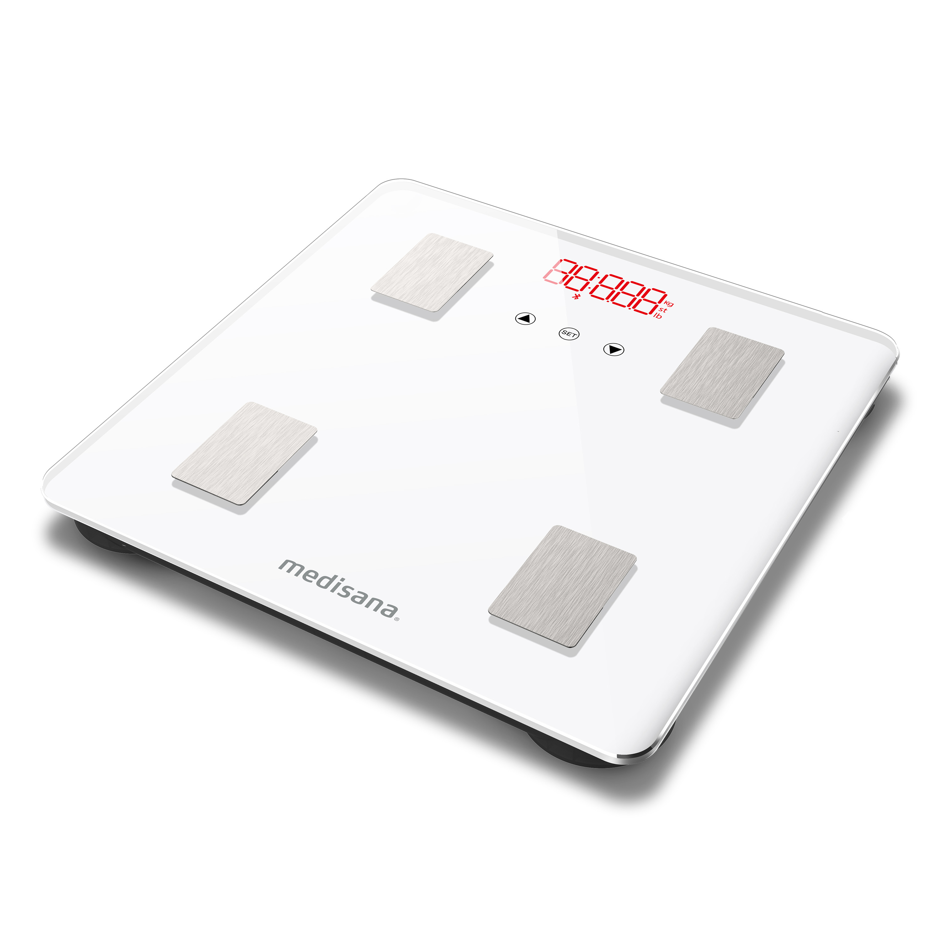 Bilancia pesapersone bianca con display digitale e quattro pad metallici.