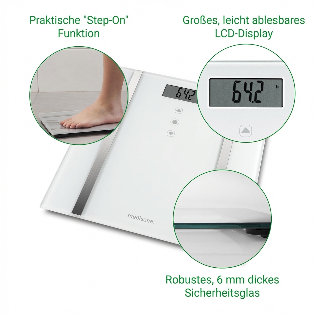 Balance numérique blanche avec fonction "step-on", écran LCD affiche 64.2kg.