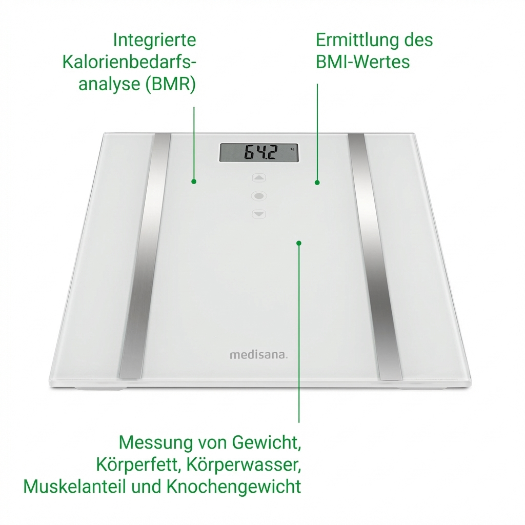 Balance numérique blanche avec étiquettes pour IMC, BMR et composition corporelle.