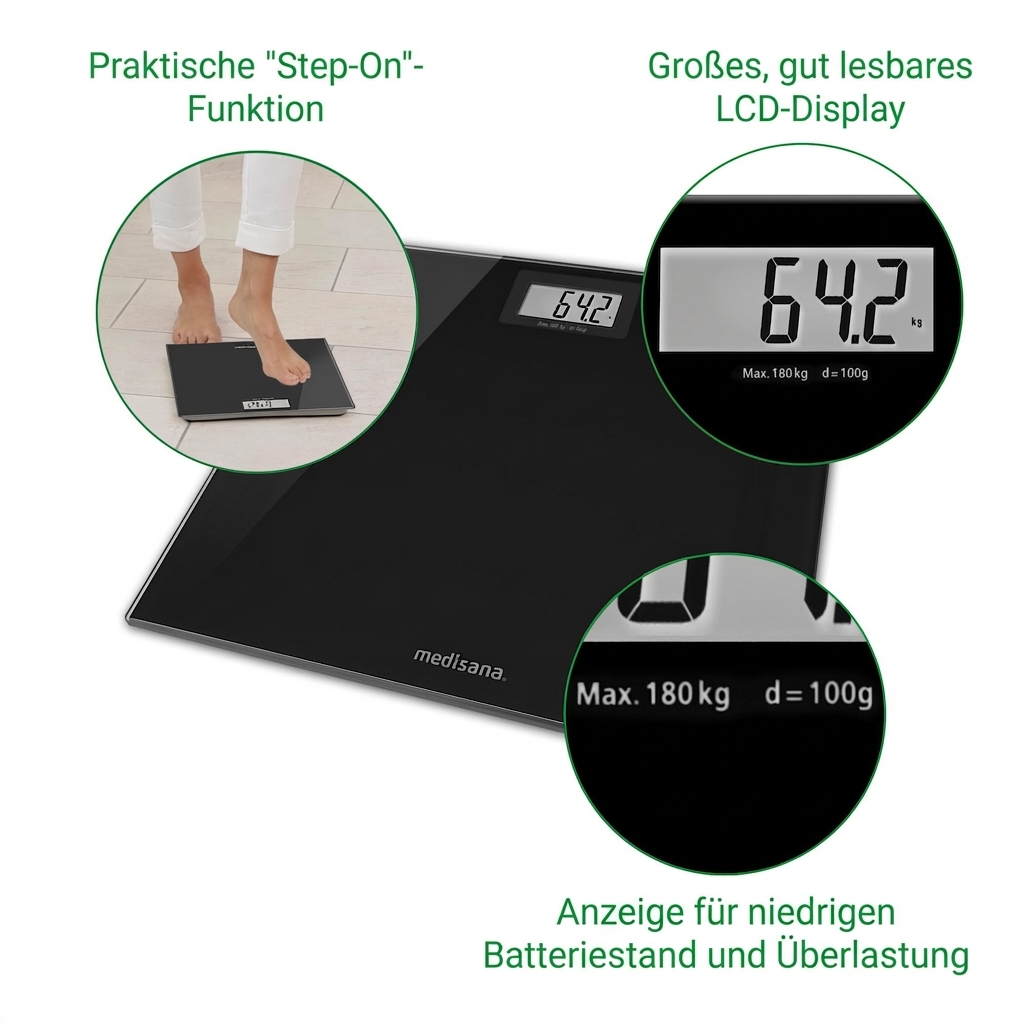 Bilancia digitale nera con display LCD che mostra 64,2 kg.