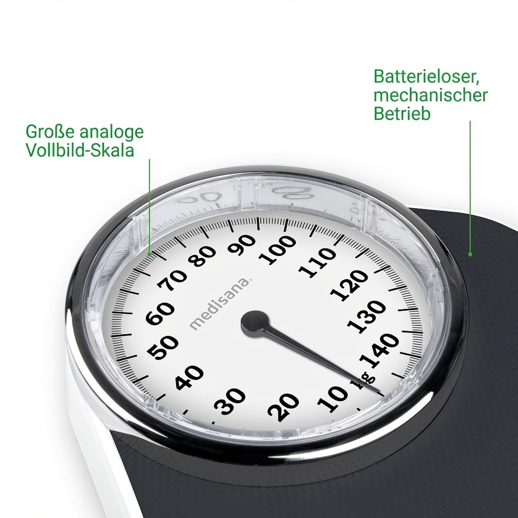 Zbliżenie na analogową wagę łazienkową, skala 0-140 kg.
