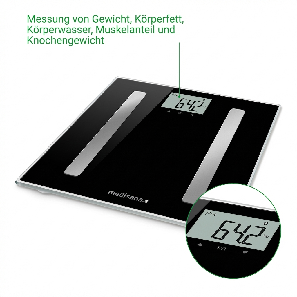 Una bilancia digitale nera con accenti argentati mostra 64,2 kg.