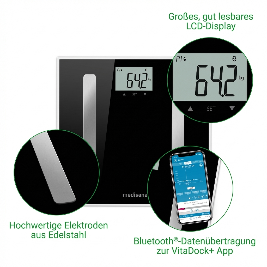Bilancia personale nera con ampio display LCD che mostra 64,2 kg. Elettrodi in acciaio inox e connessione app.