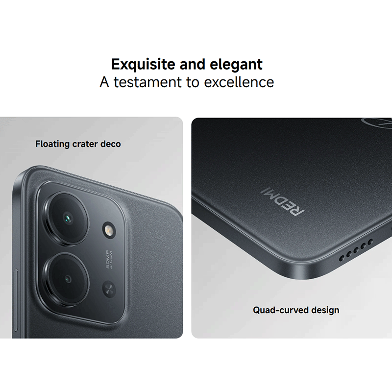 Nahaufnahme eines schwarzen Smartphones mit Doppelkameralinsensystem und "REDMI"-Logo.