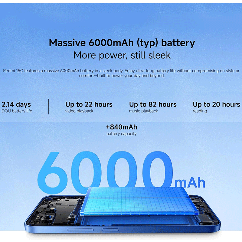 Blaues Smartphone mit 6000mAh Akku und Text über Akkulaufzeit.
