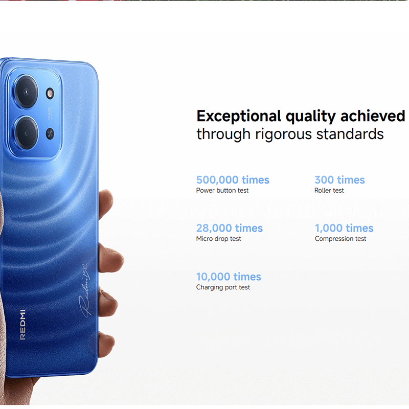 Blaues Redmi-Handy mit kameratest-Statistiken: 500.000x, 28.000x, 10.000x.