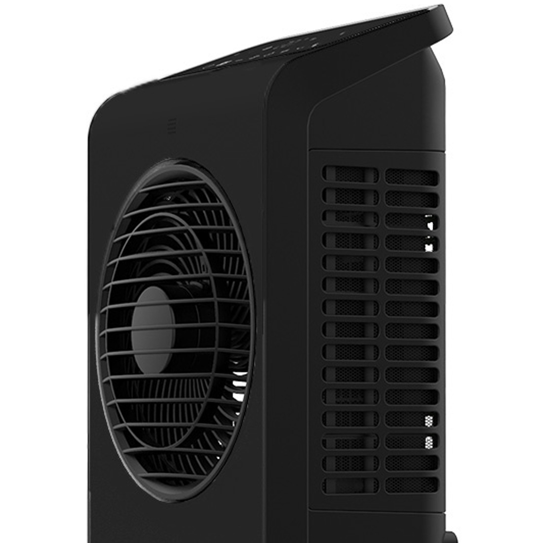 Zwarte ventilator met ventilatieopeningen aan de zijkant en bedieningselementen boven.