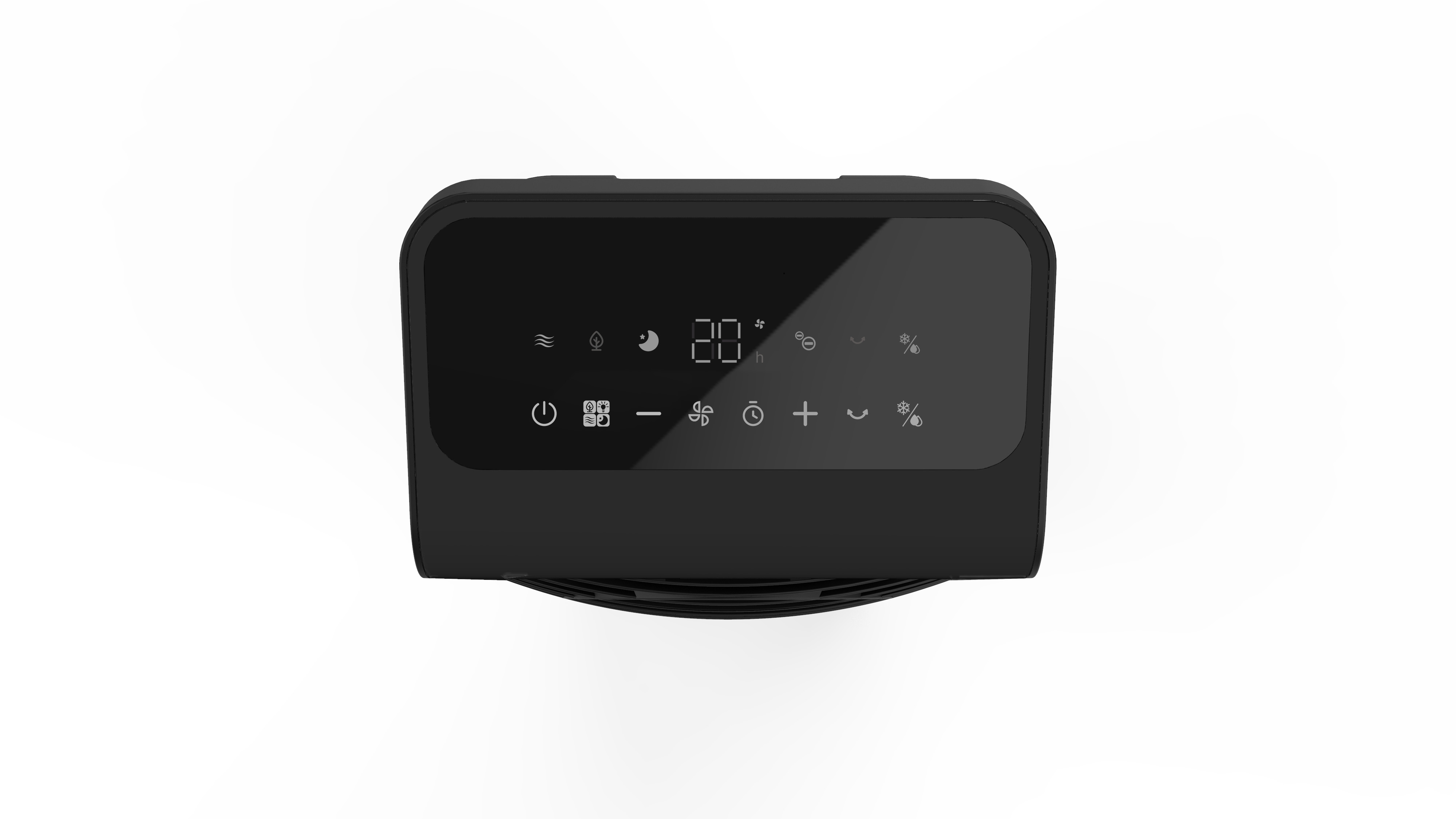 Zwart apparaat met digitaal display en bedieningselementen op witte achtergrond.