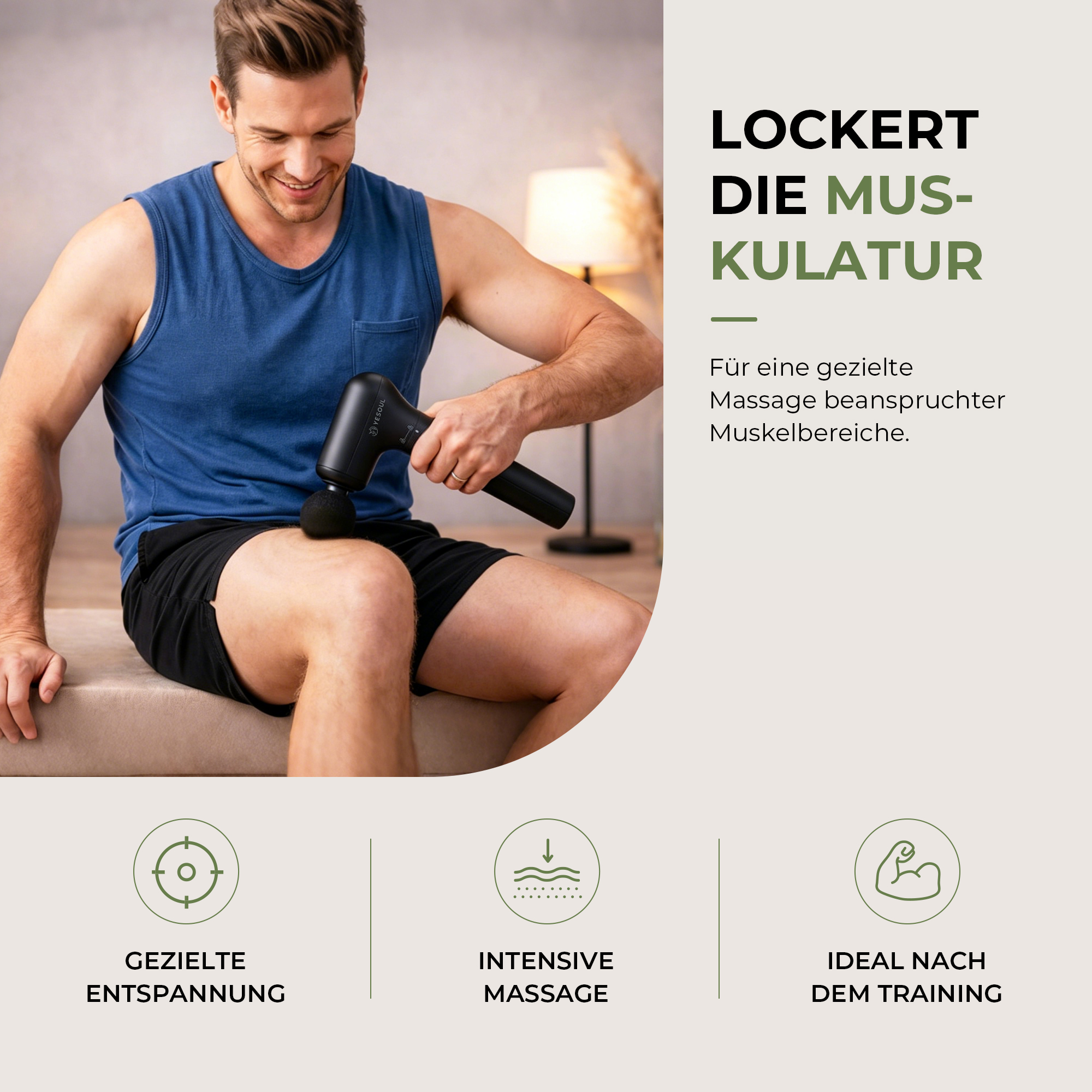 Mann benutzt Massagepistole am Oberschenkel. Icons für Entspannung, Massage, Training.