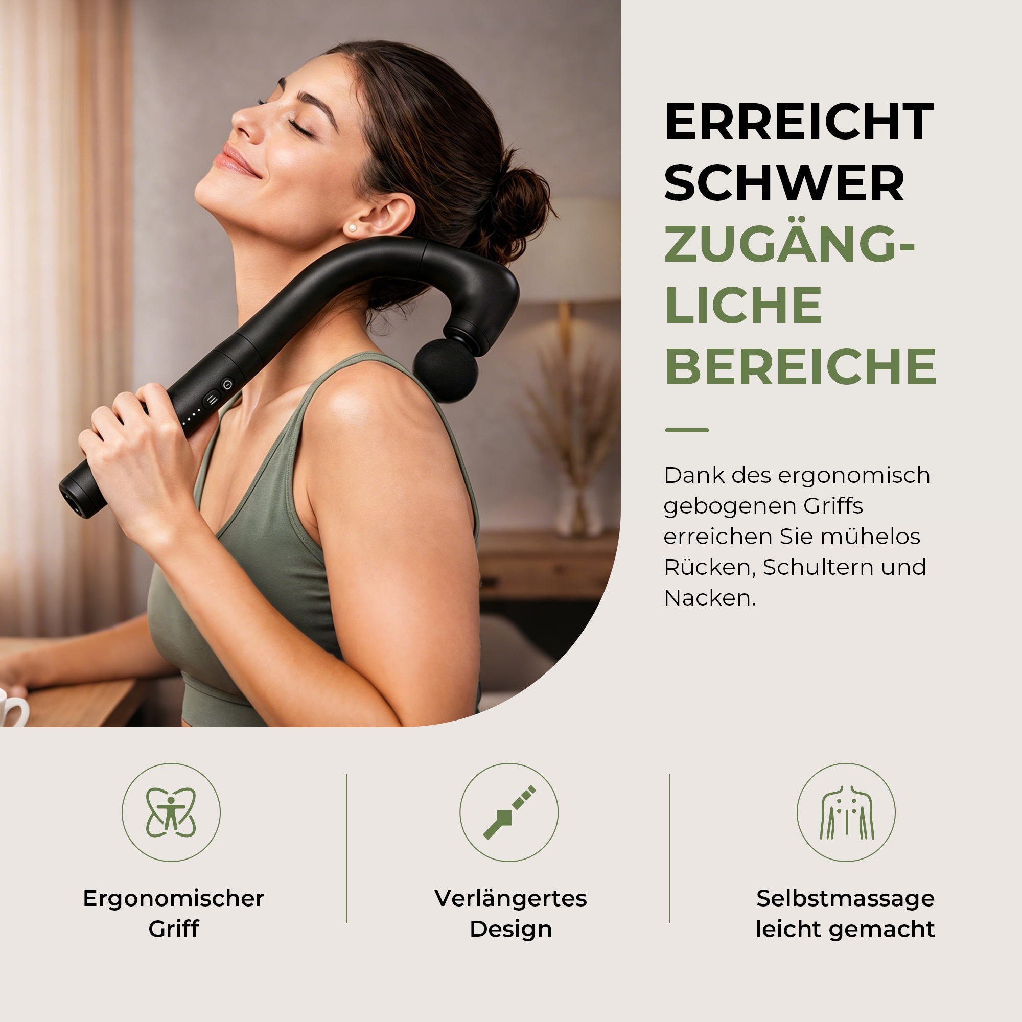 Frau massiert Nacken mit Massagegerät, ergonomischer Griff, verlängertes Design.