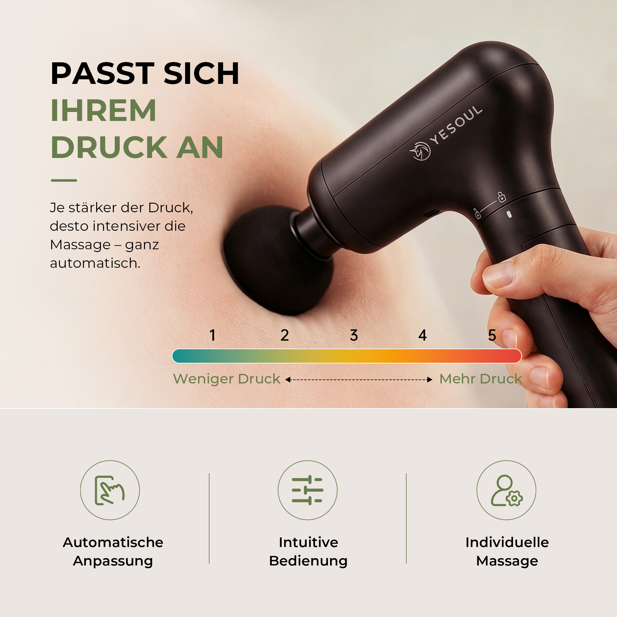 Schwarze Massagepistole wird auf Haut angewendet, zeigt Druckskala 1-5.