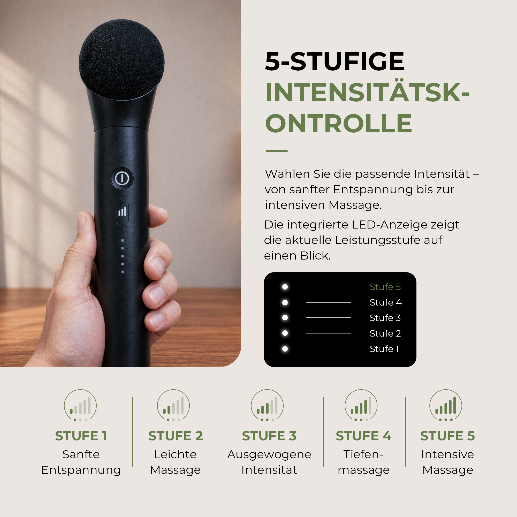Hand hält Massagegerät mit 5 Intensitätsstufen, LED-Anzeige.