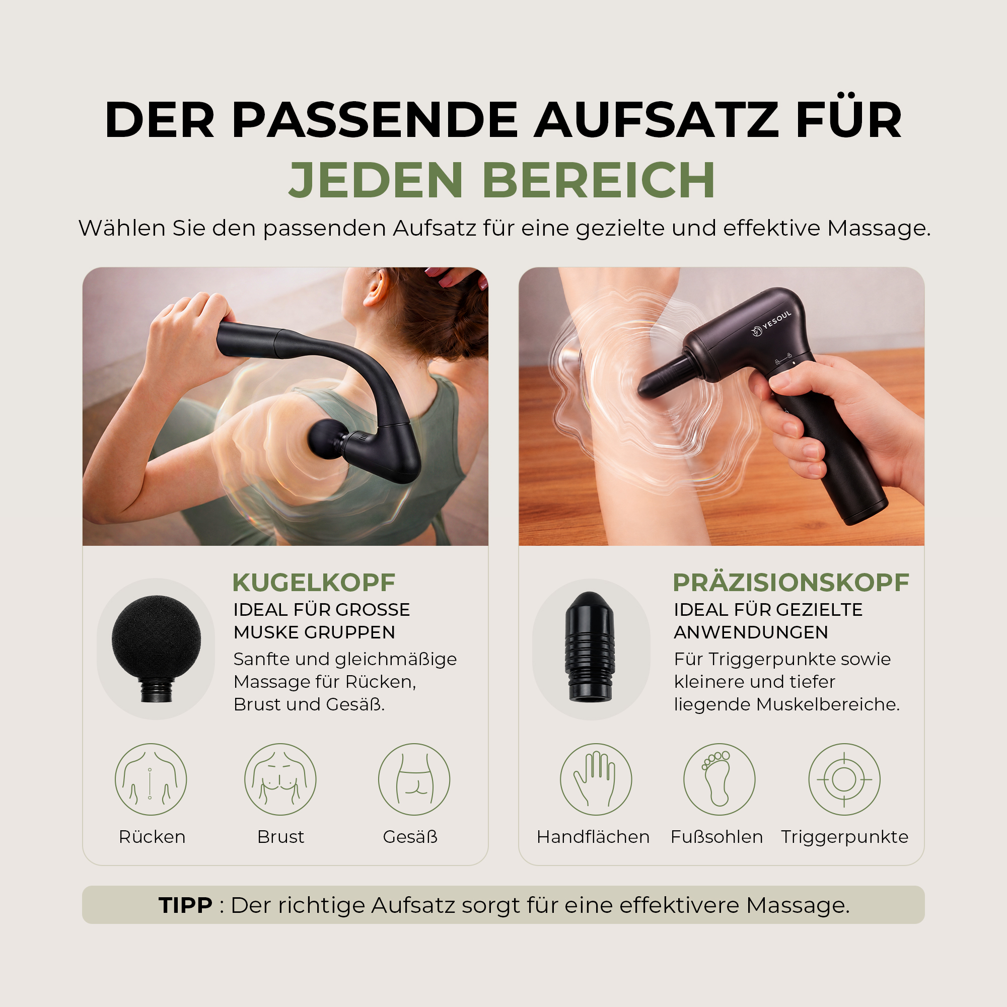 Massagepistole mit verschiedenen Aufsätzen für Körperbereiche.