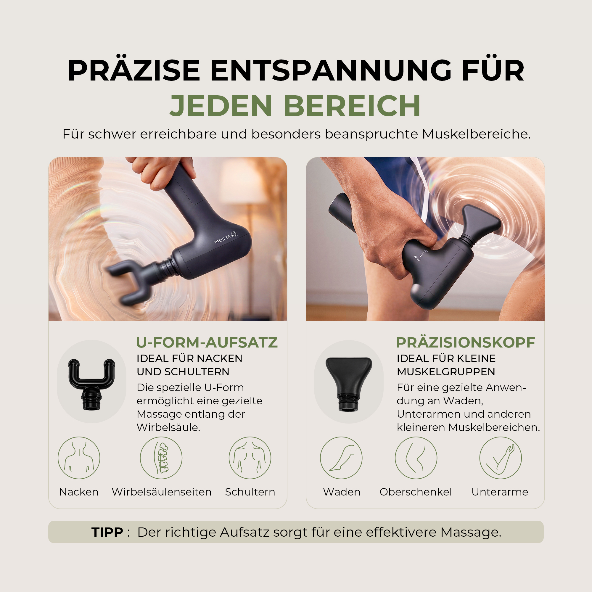 Massagepistolen mit U-Form-Aufsatz für Nacken/Schultern und Präzisionskopf für kleine Muskelgruppen.