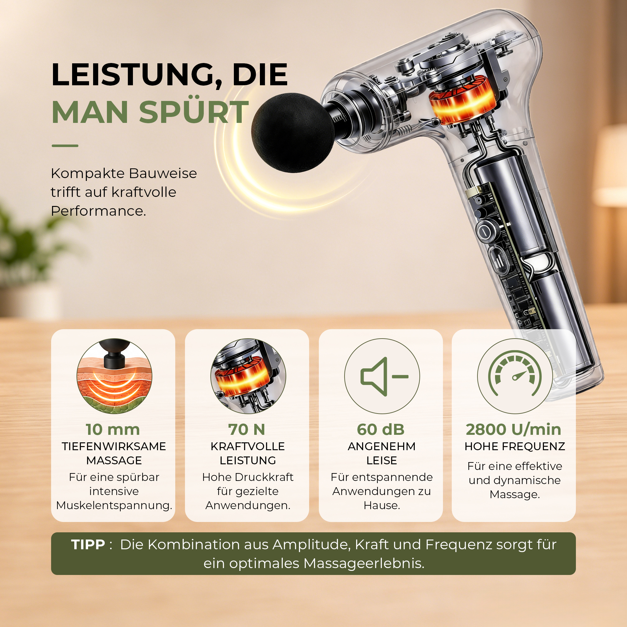 Massagegerät mit klarem Gehäuse, detaillierten Specs: 10mm Tiefe, 70N Kraft, 60dB Leise, 2800 U/min.