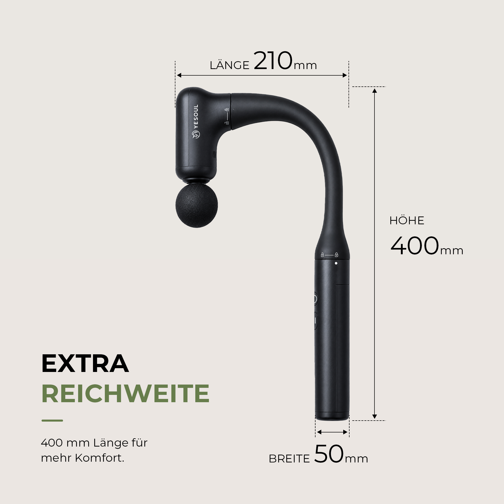 Schwarzes Massagegerät mit Maßen: Länge 210mm, Höhe 400mm, Breite 50mm.