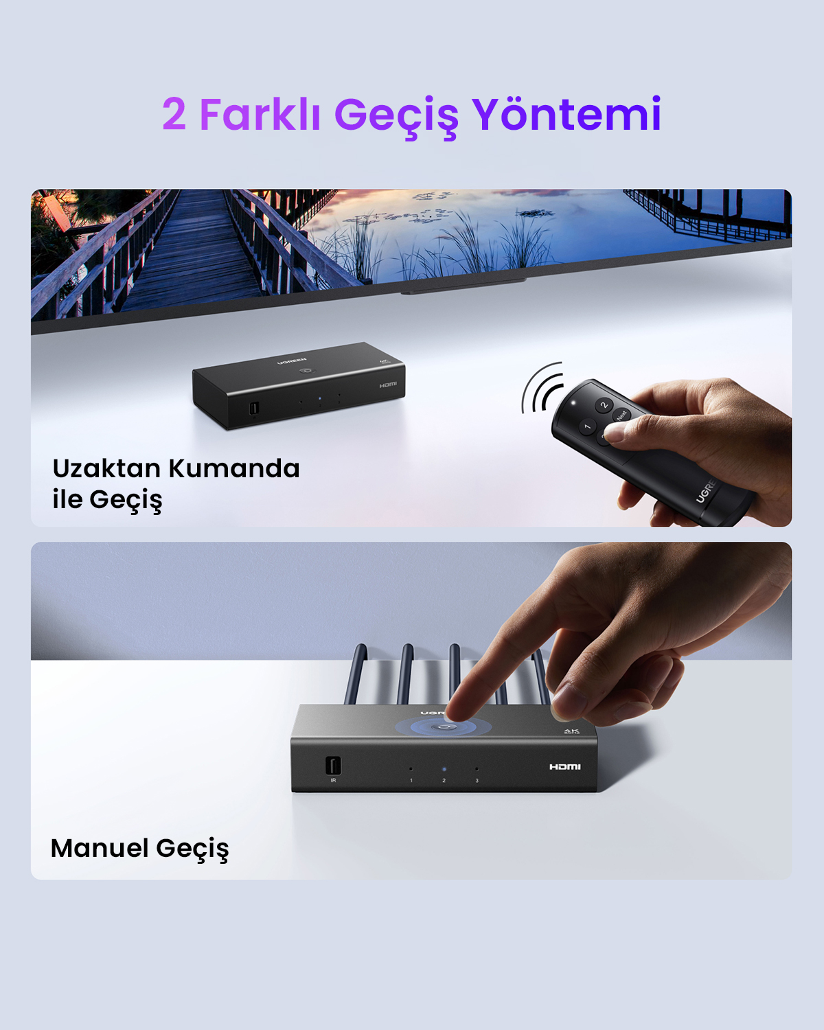 Uno switch HDMI nero mostrato con opzioni di telecomando e pulsanti.