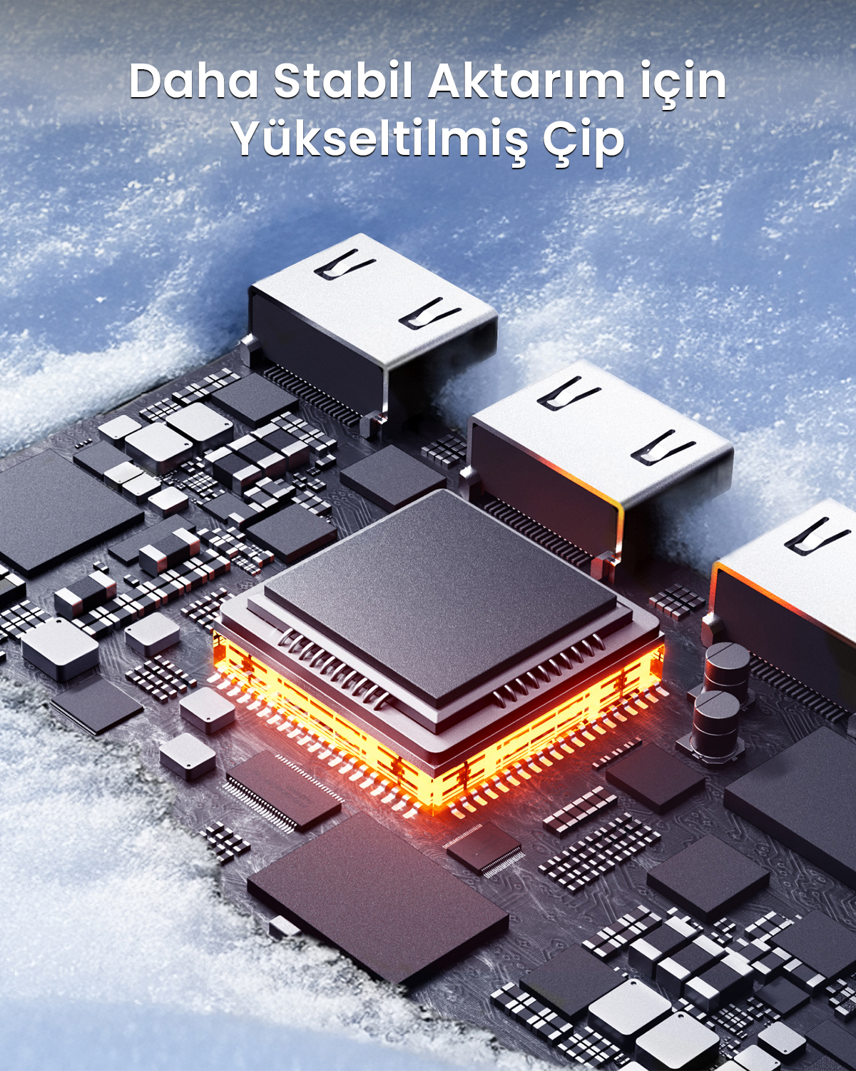 Un chip per computer con luci arancioni luminose su un circuito stampato, circondato dalla neve.