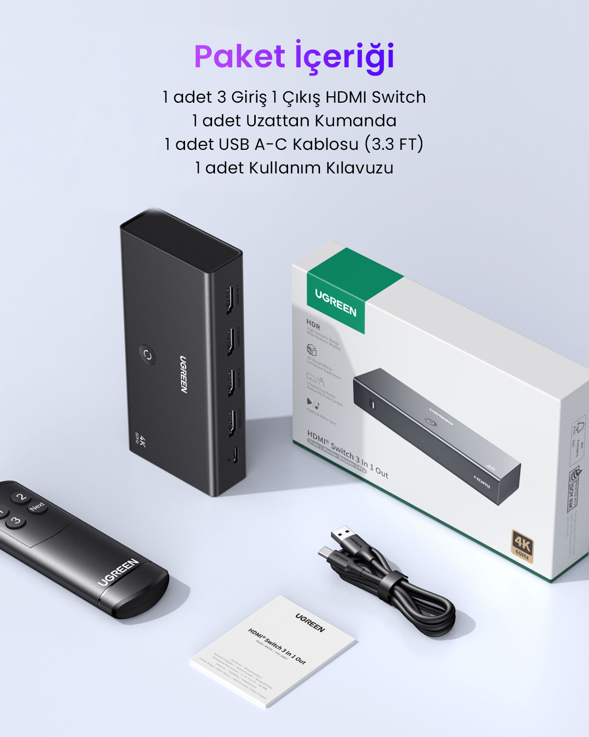 Switch HDMI UGREEN 3 in 1 con telecomando, cavo e manuale.