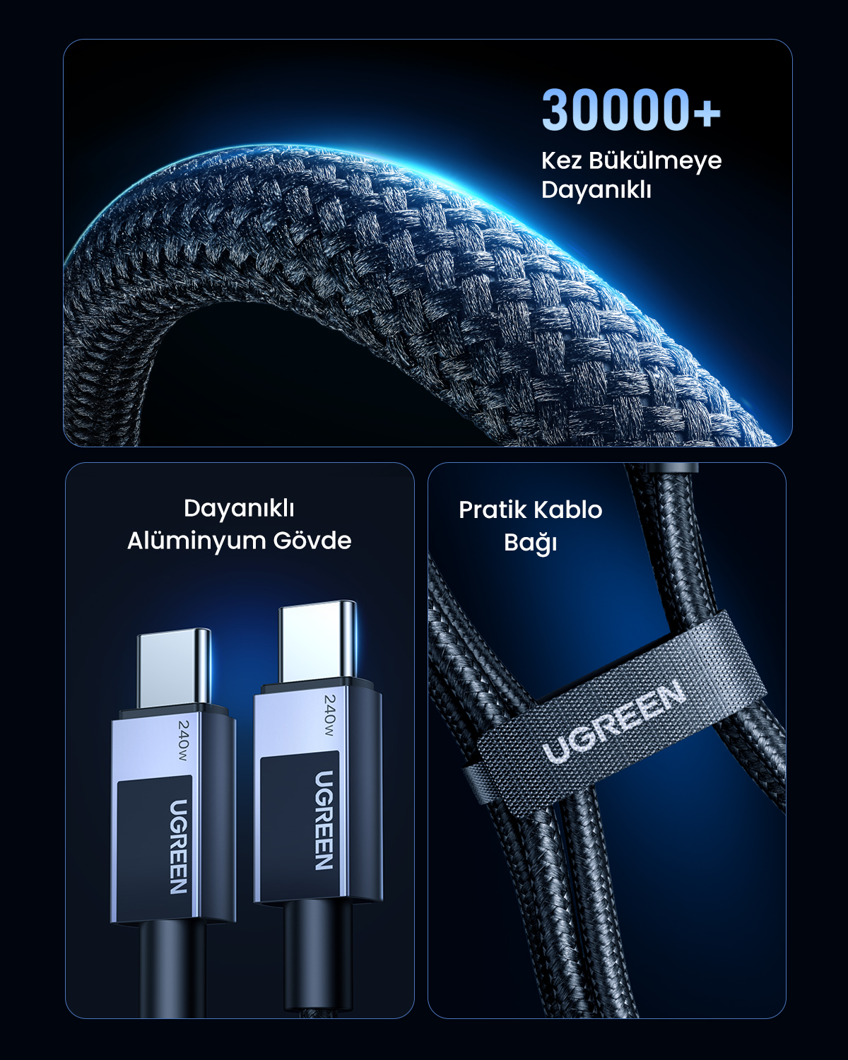 UGREEN Kablo: 240W Type-C, alüminyum gövde, 30000+ bükülme, cırt cırt.