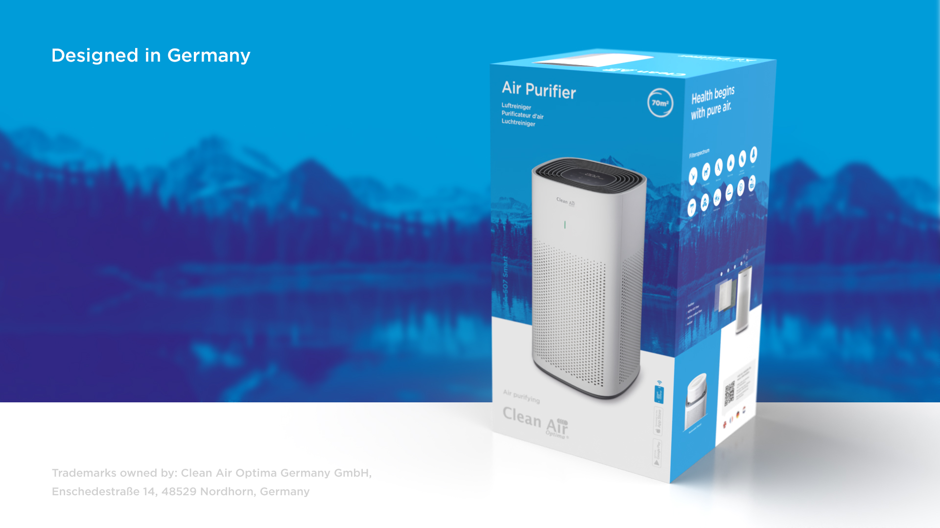 Ein weißer Luftreiniger steht vor einer blauen Landschaft. Auf der Verpackung steht 'Air Purifier'.
