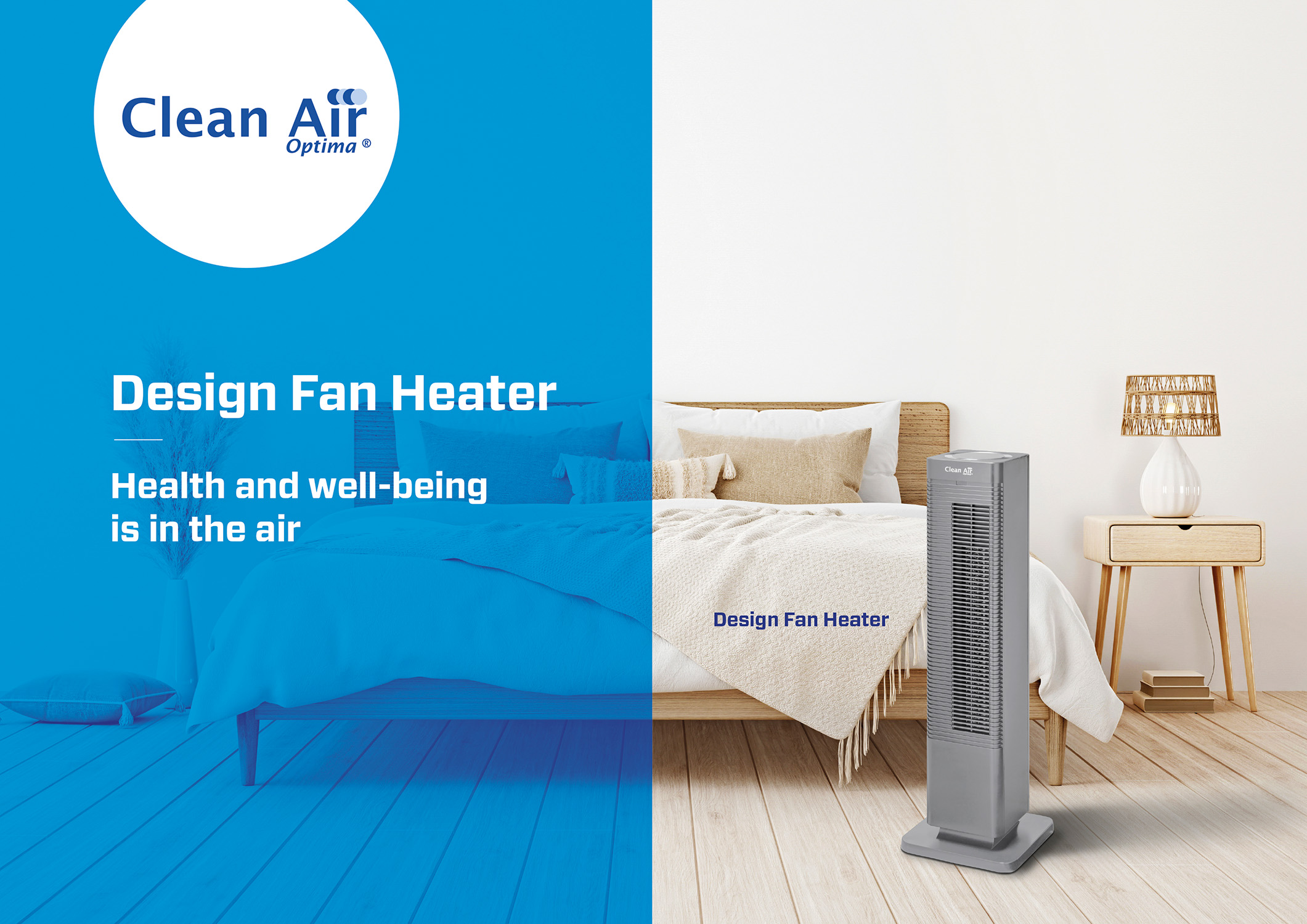 Ein grauer Turmventilator steht neben einem Bett mit Bettwäsche und Kissen.