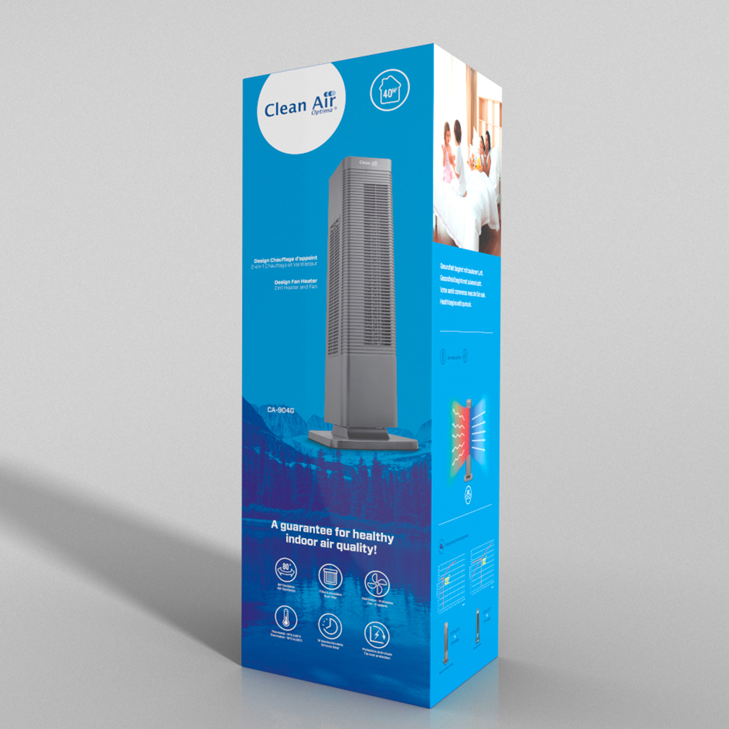 Verpackung eines turmartigen Heizlüfters mit Produktabbildungen und Texten.