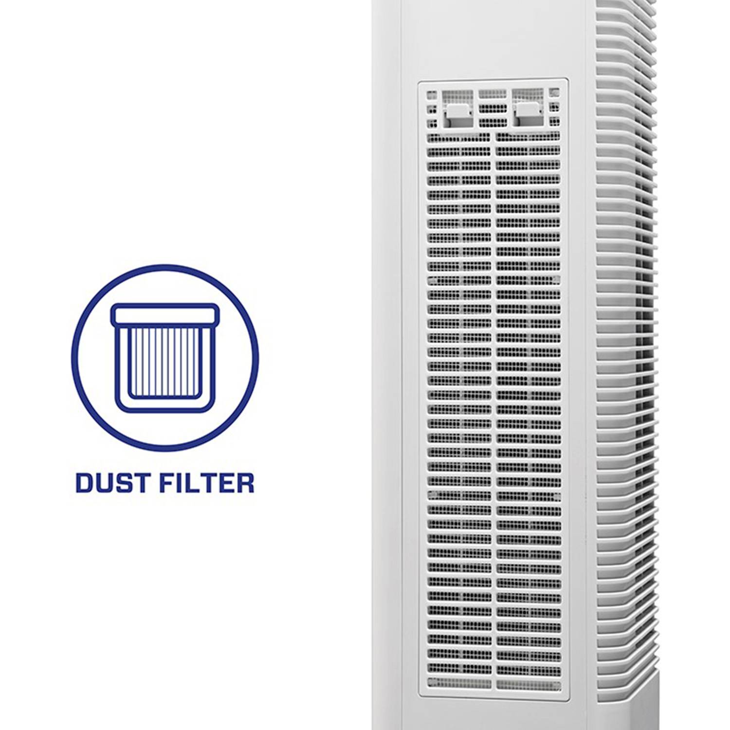 Ein weißer Turmventilator mit Lüftungsschlitzen und einem Staubfiltersymbol.