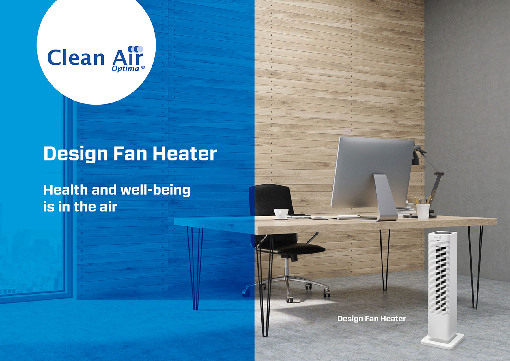 Ein weißer Turmventilator steht neben einem Schreibtisch mit Computer und Stuhl.