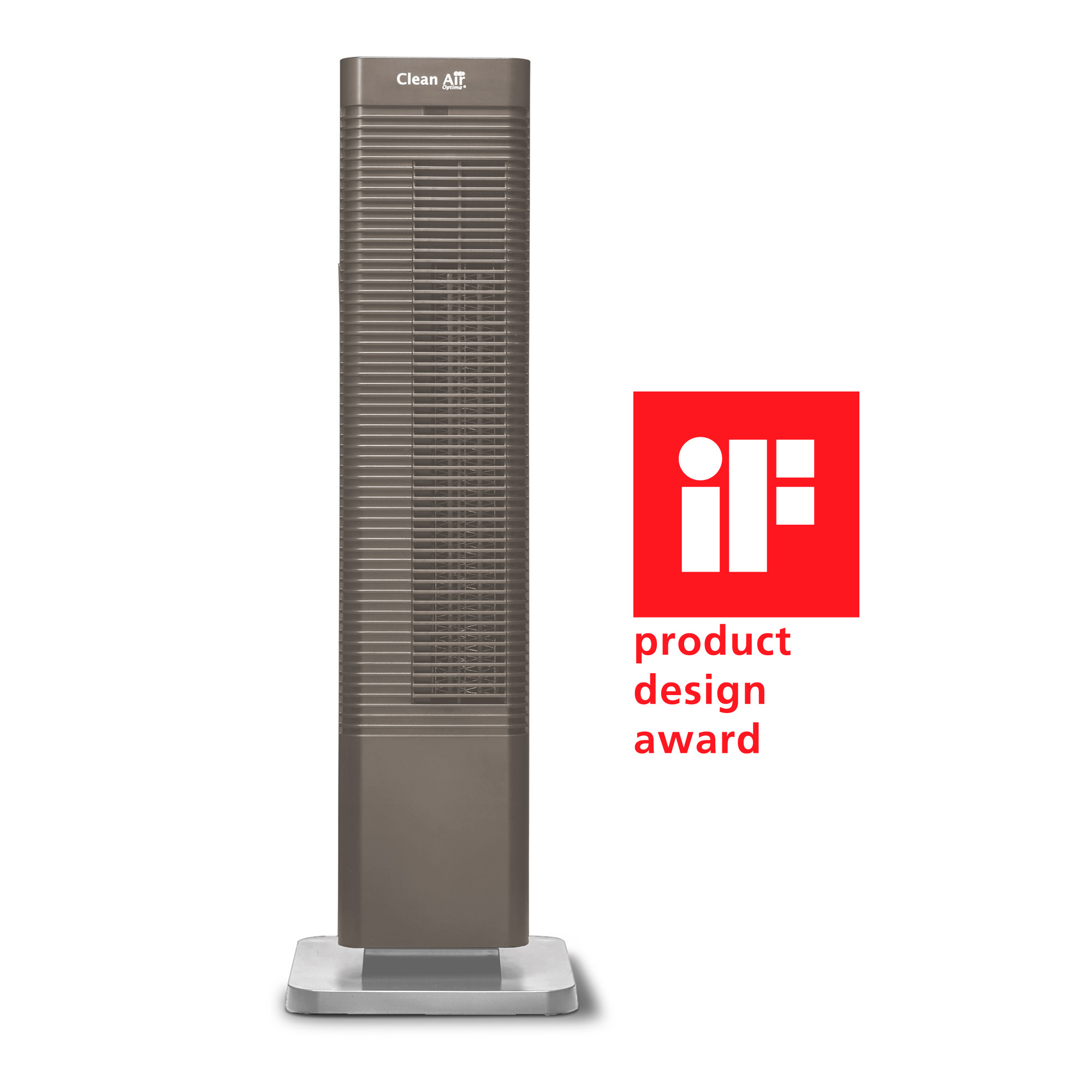 Grauer Turmventilator mit iF Design Award Logo auf weißem Hintergrund.