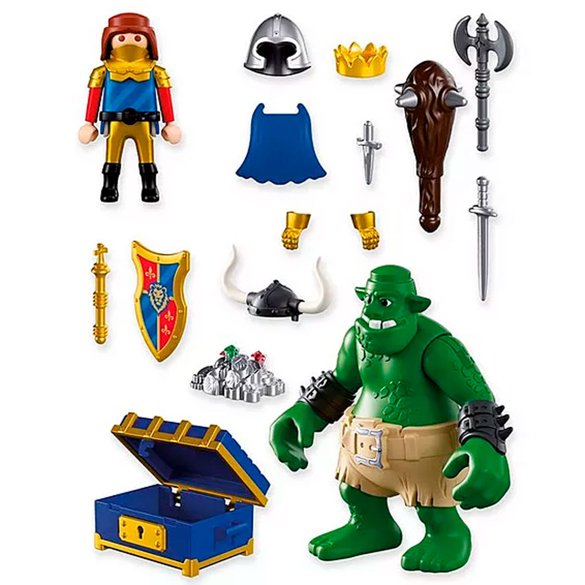 Un caballero, un troll verde, armadura, armas y un cofre del tesoro.