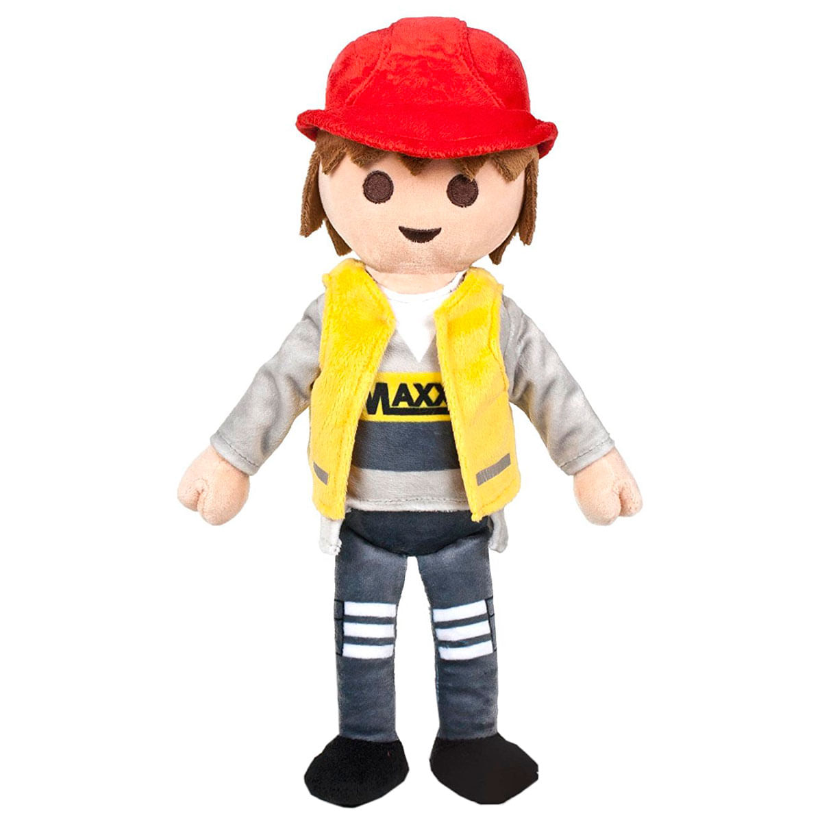 Un muñeco de peluche lleva gorro rojo, chaleco amarillo, camisa y pantalones a rayas.
