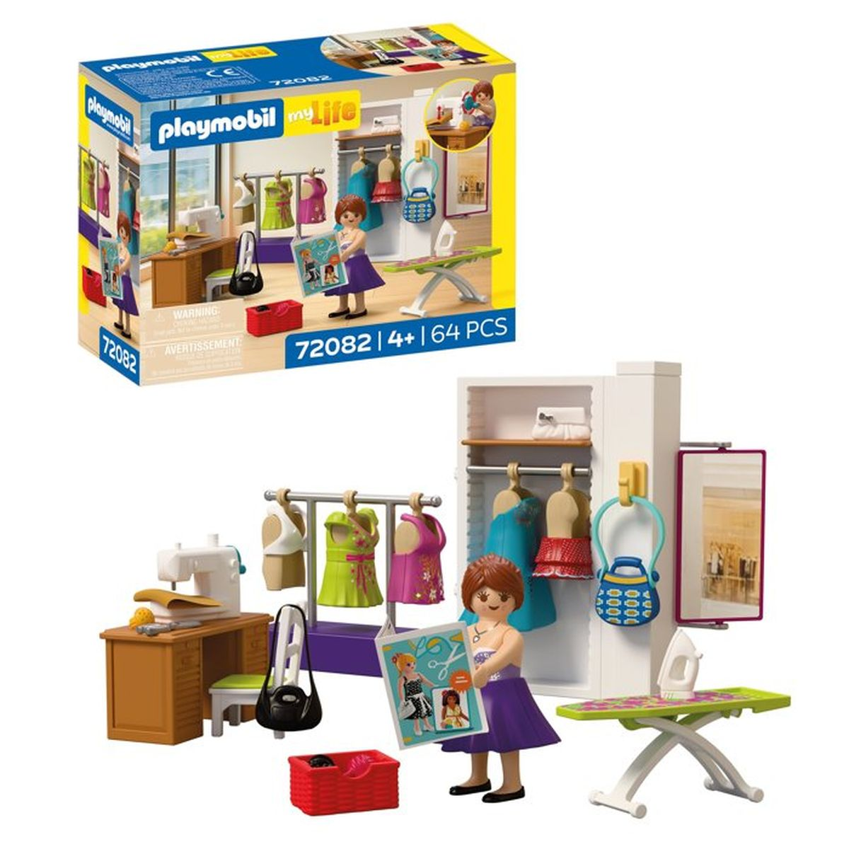 Set de costura y moda Playmobil con figuras, ropa, máquina de coser y tabla de planchar.