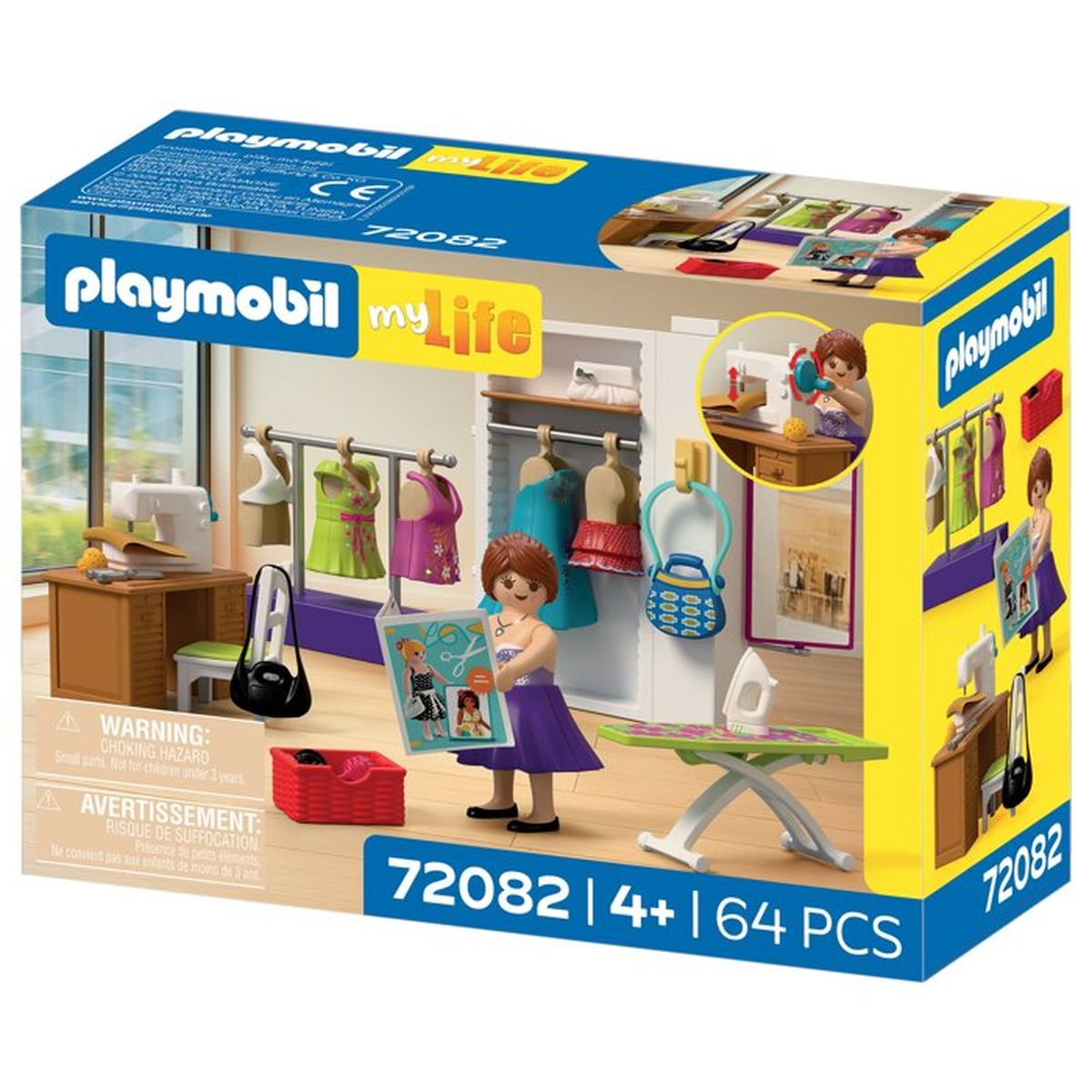 Juego de Playmobil: habitación de costura con figuras, ropa, máquina de coser y tabla de planchar.