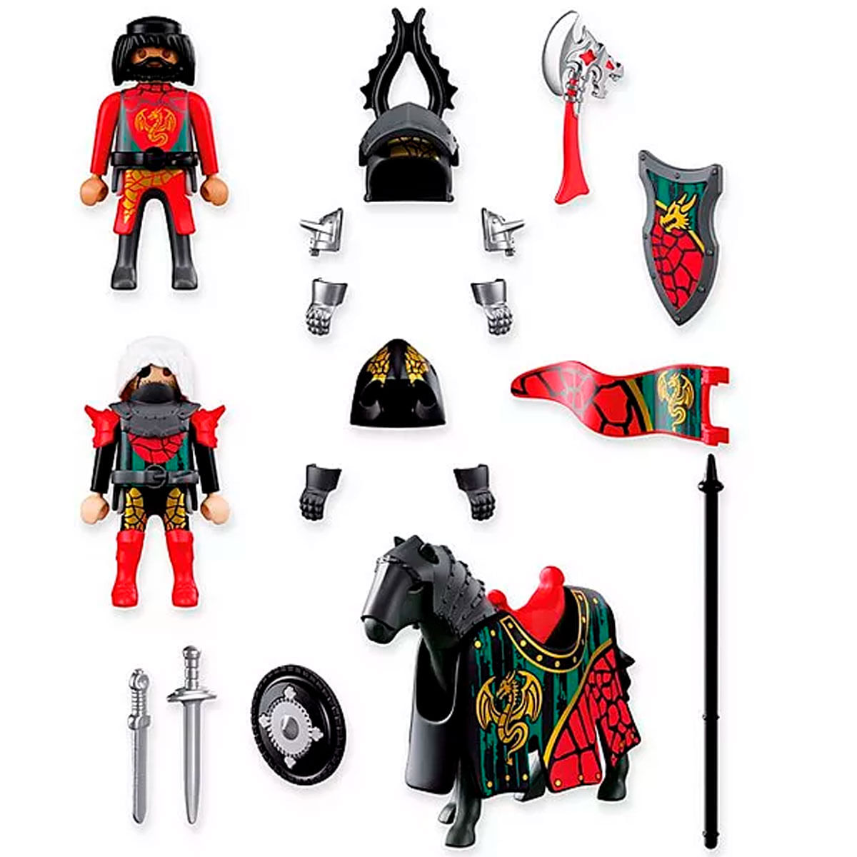 Set de caballero Playmobil con dos figuras, caballo, armadura, armas y escudo.
