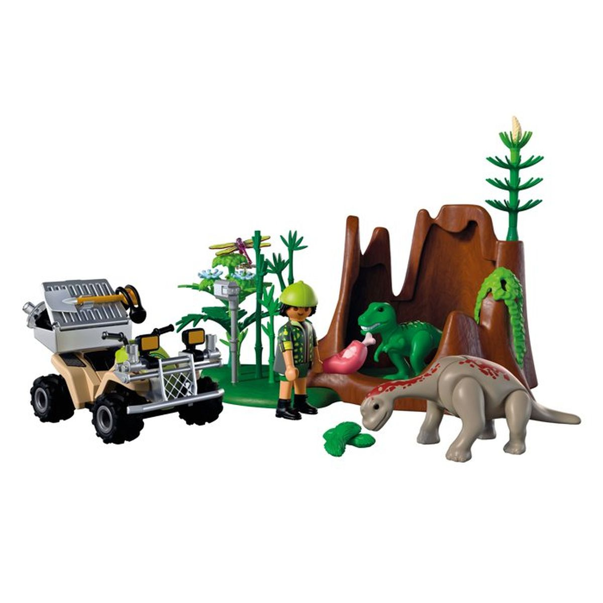 Un quad de juguete junto a una figura y dinosaurios frente a un volcán.