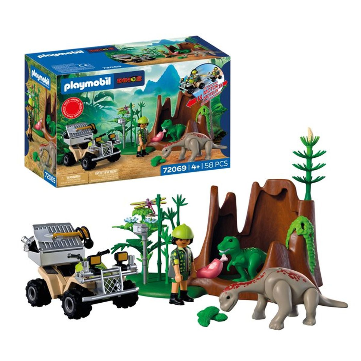 Set Playmobil Dinos con figuras, dinosaurios, ATV y set de juego volcán.
