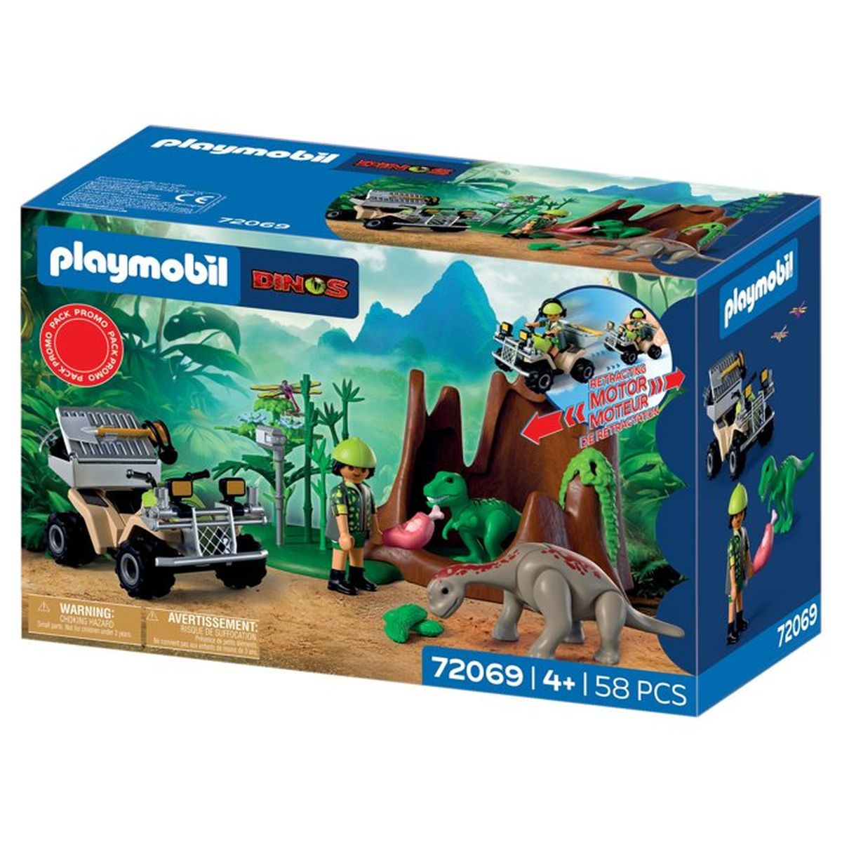 Playmobil juego de dinosaurios con vehículos, figuras y dinosaurios en un entorno selvático.