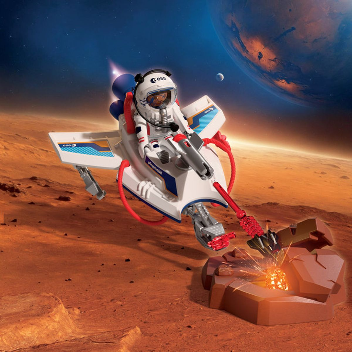 Astronauta en una nave espacial en Marte, extrayendo rocas con una herramienta láser.