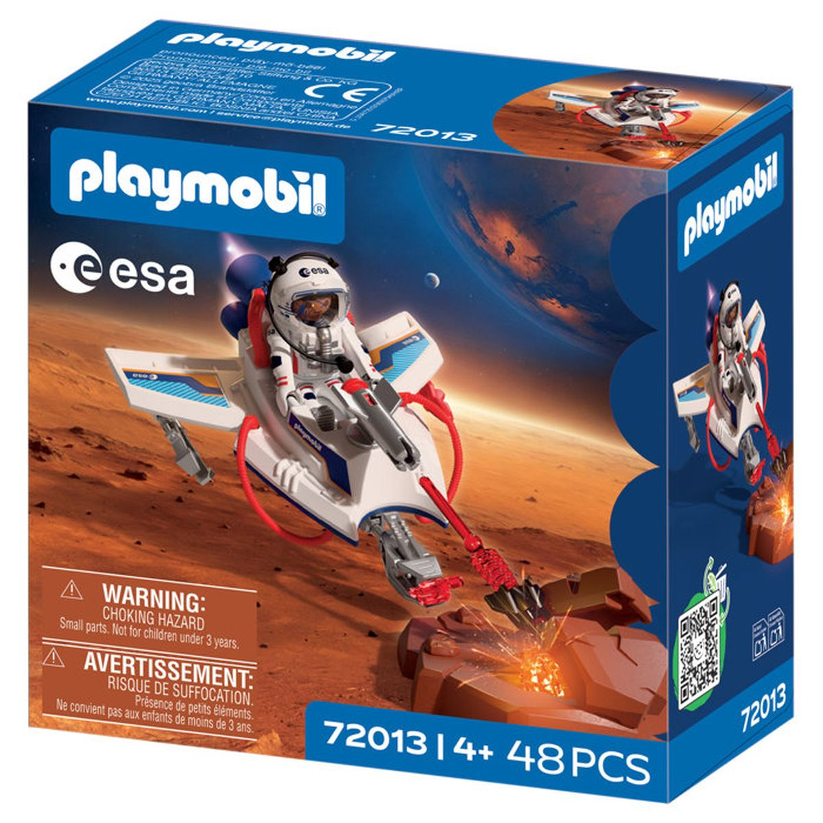 Caja de juguete Playmobil de nave espacial con astronauta y escena espacial.