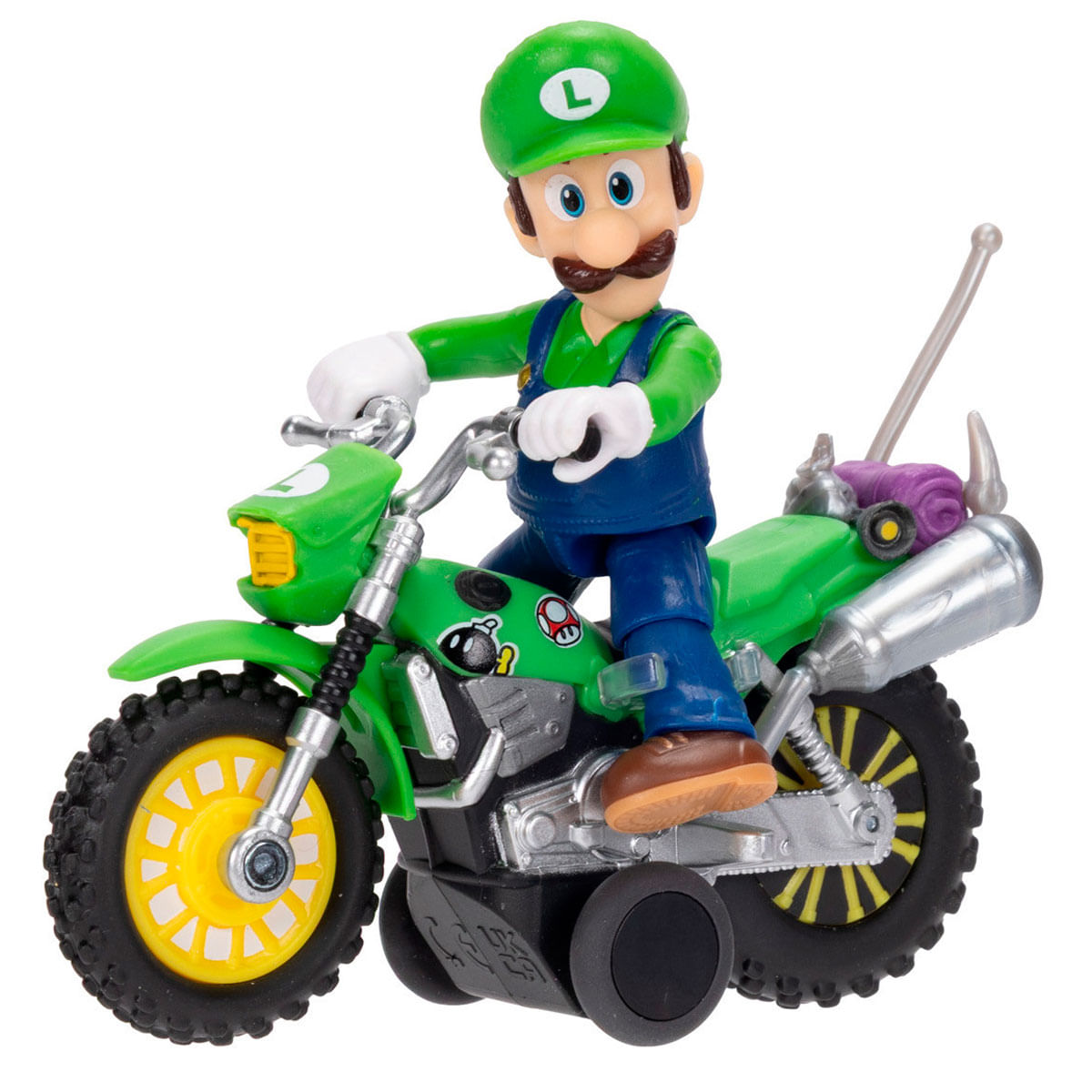 Luigi en una moto verde con ruedas amarillas, sobre fondo blanco.