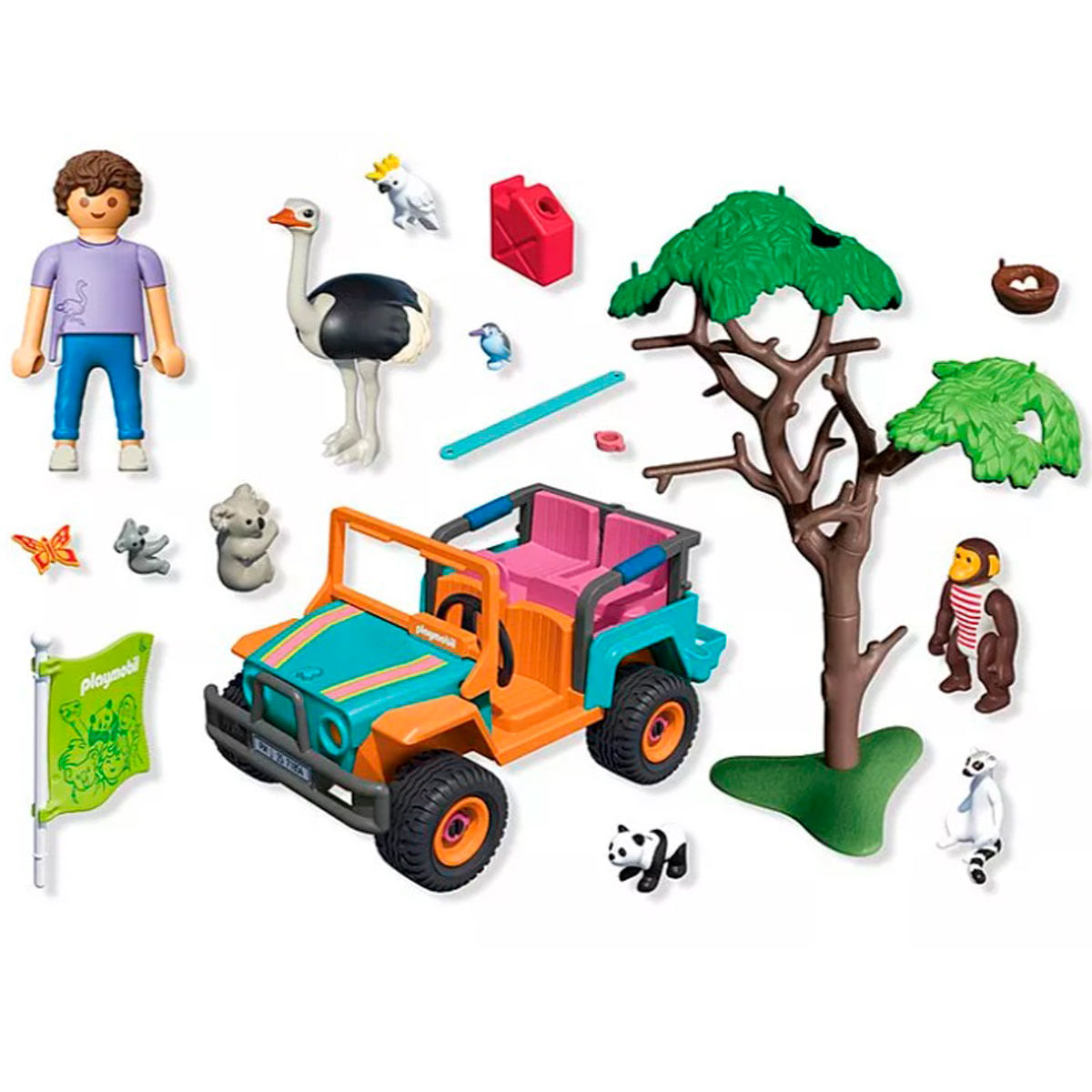 Juguetes: figura, jeep, árbol, animales (avestruz, mono, panda, lémur), pájaros, mariposa, bidón, nido.