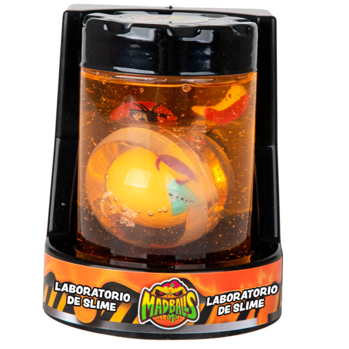 Una bola amarilla con cara en un recipiente naranja con logo Madballs.