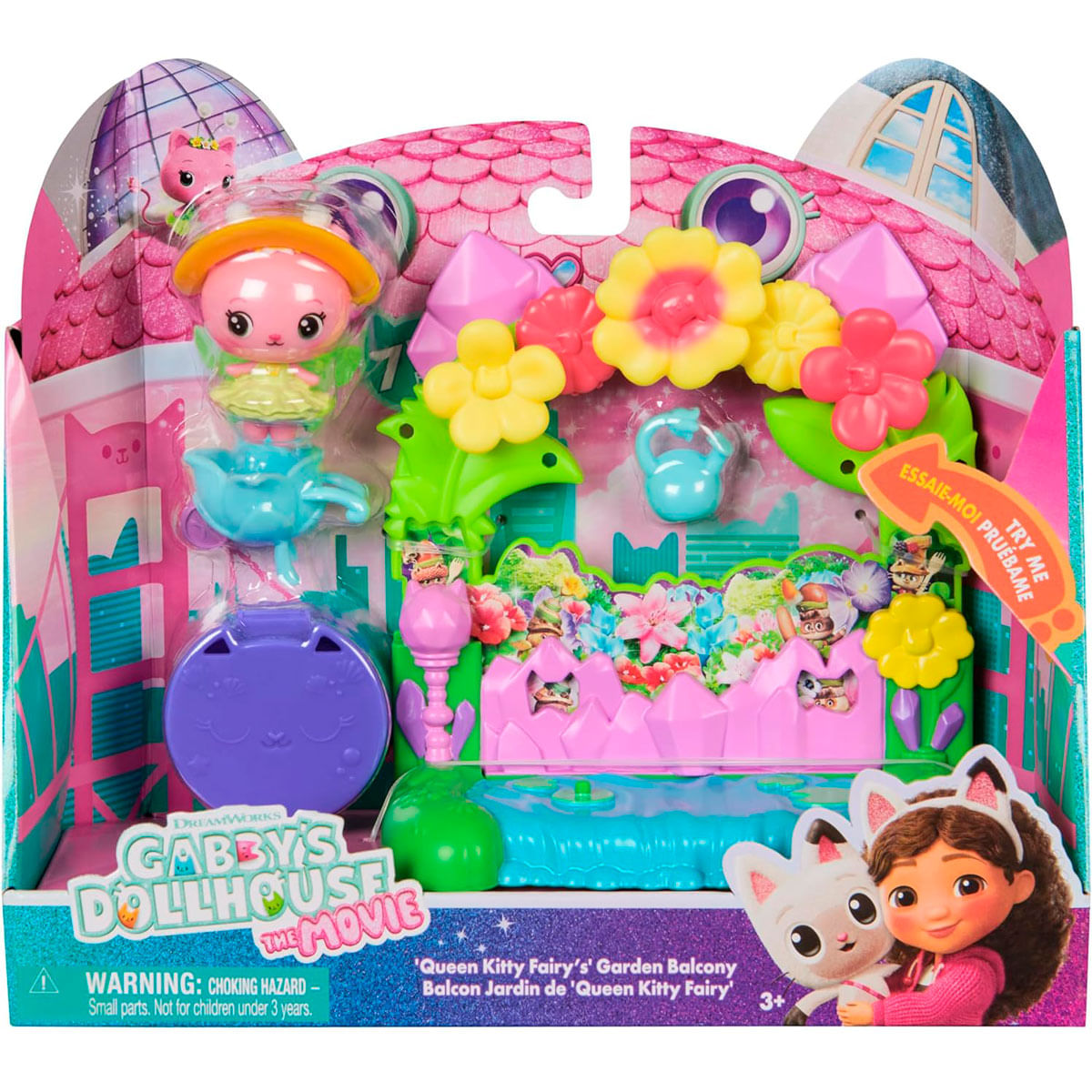 Juego de Gabby's Dollhouse con figura de Queen Kitty Fairy, balcón de jardín y personajes.