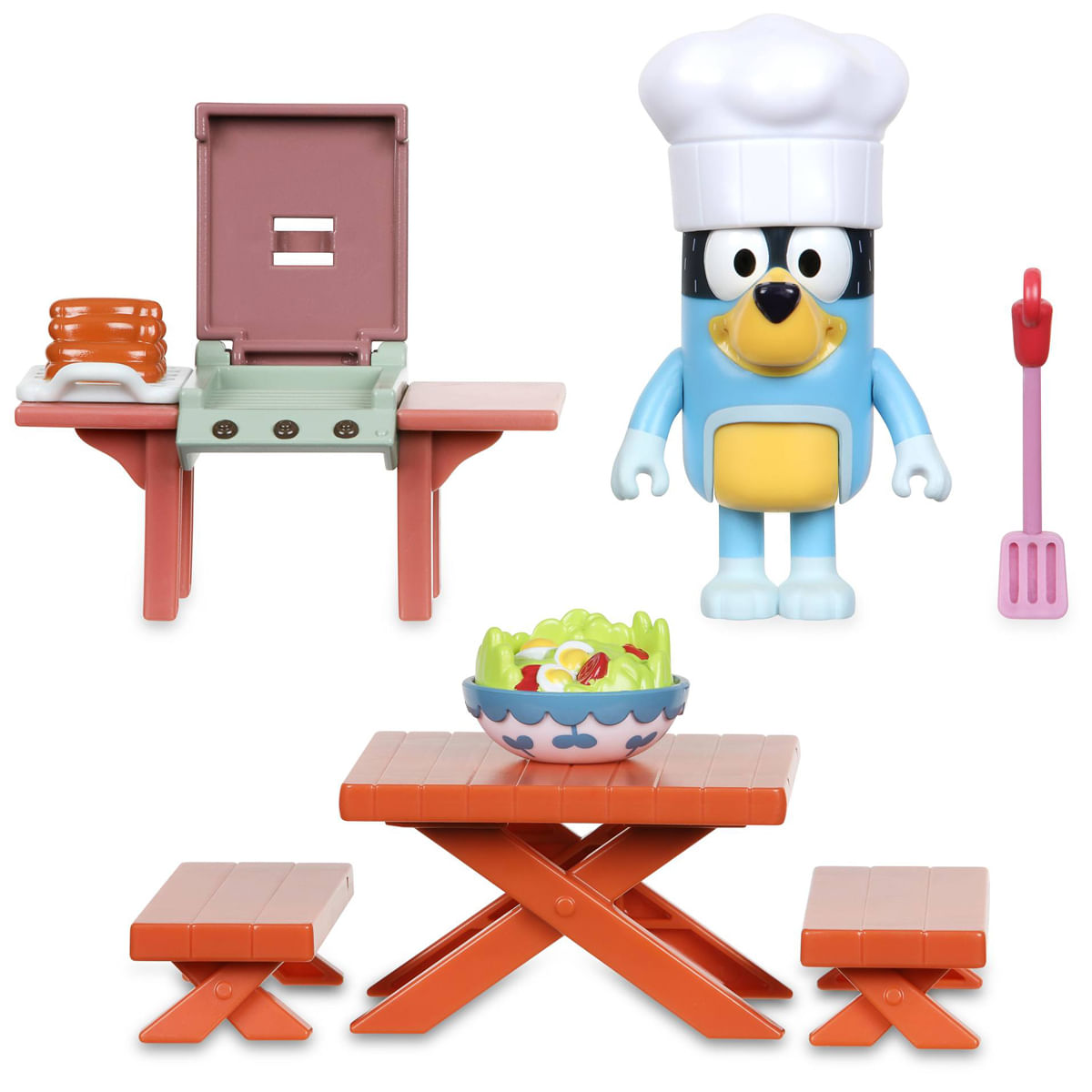 Parrilla, mesa, taburetes, cuenco de ensalada y figura de chef sobre fondo blanco.