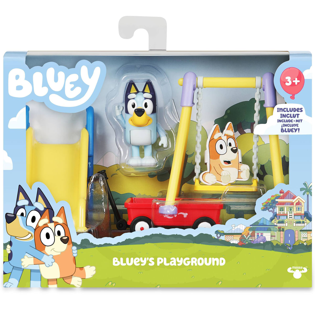 El set de juego Bluey incluye figuras, tobogán, columpio y carretilla roja.